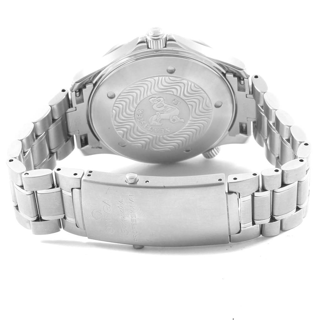 The image shows the back and clasp of an Omega Seamaster 2264.50.00 Men
s Stainless Steel Black Dial 2264.50.00 Men
s Stainless Steel Black Dial watch, highlighting its stainless steel case and bracelet.