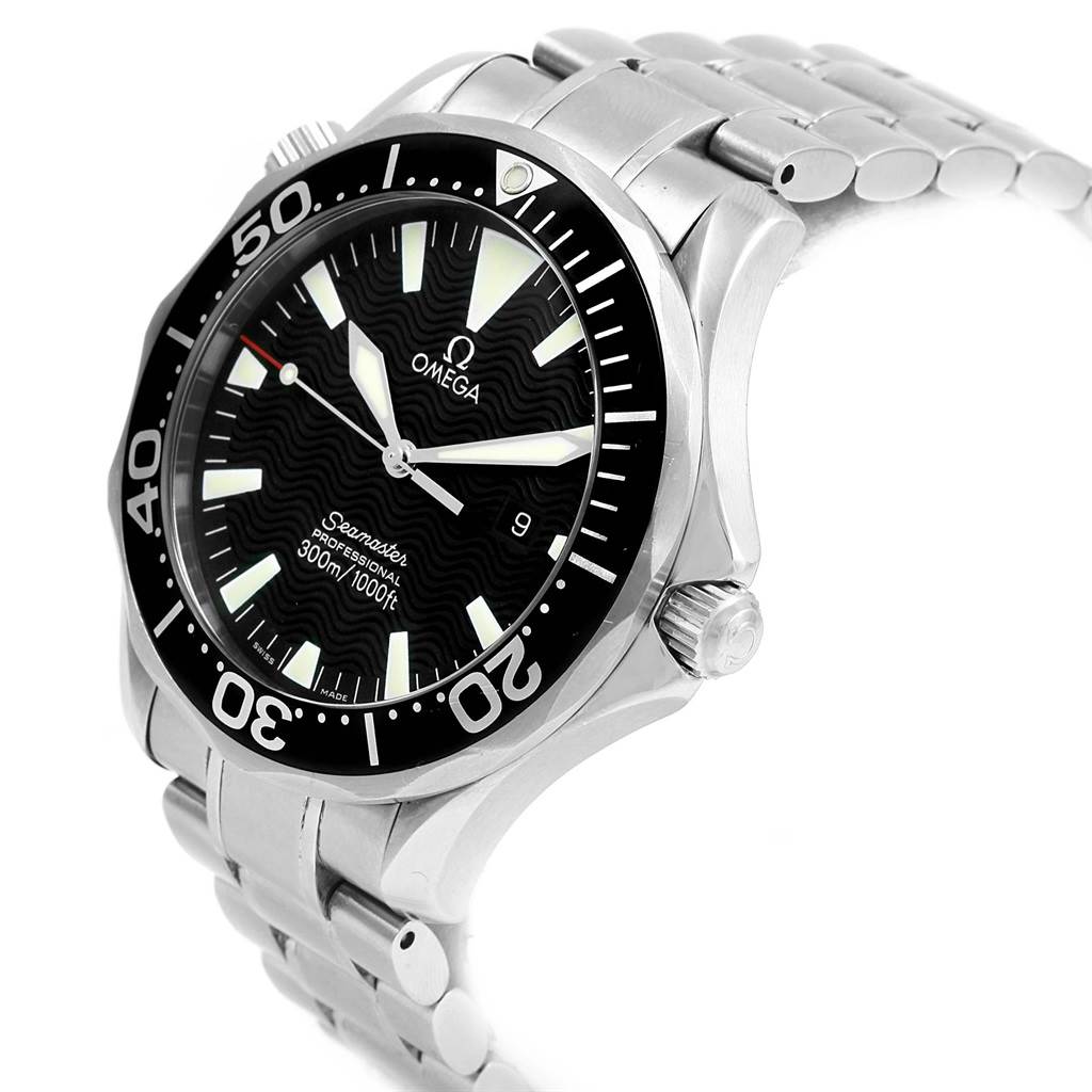 The Omega Seamaster 2264.50.00 Men
s Stainless Steel Black Dial 2264.50.00 Men
s Stainless Steel Black Dial watch is shown from a three-quarter angle, highlighting the face, bezel, crown, and part of the bracelet.