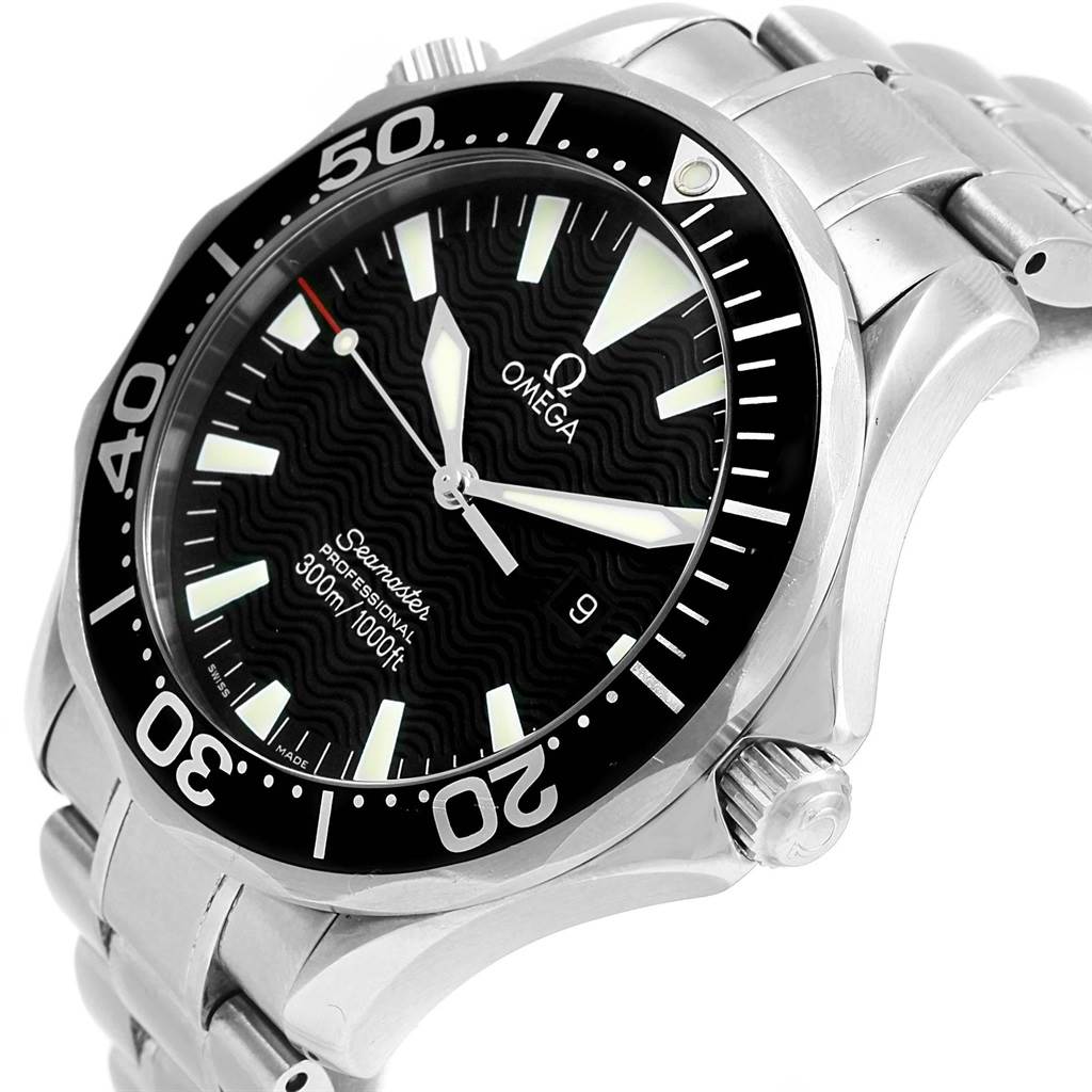 The image shows an angled view of the Omega Seamaster 2264.50.00 Men
s Stainless Steel Black Dial 2264.50.00 Men
s Stainless Steel Black Dial watch, highlighting its face, bezel, crown, and part of the bracelet.