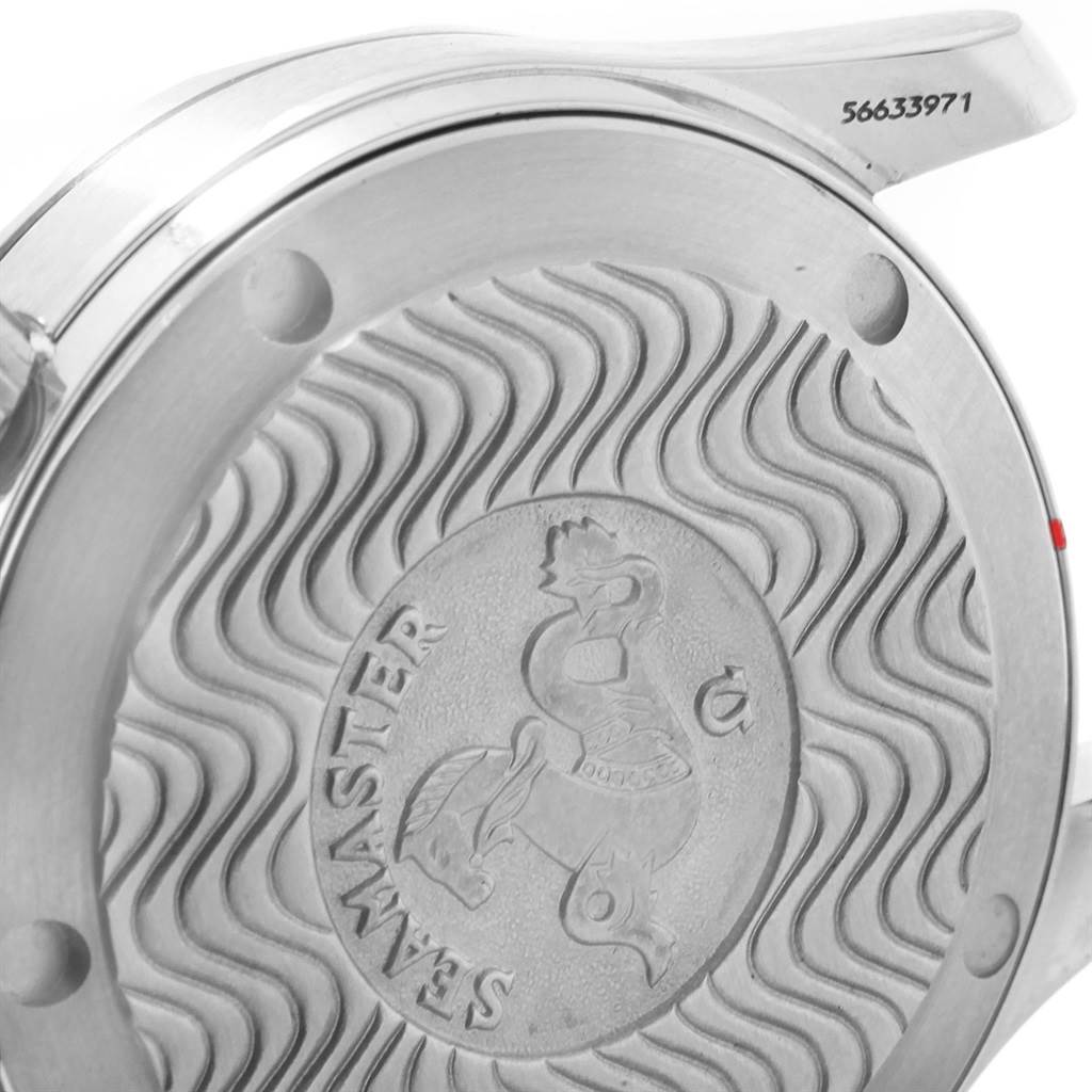 This image shows the engraved case back of an Omega Seamaster 2561.80.00 Men
s Stainless Steel Blue Dial 2561.80.00 Men
s Stainless Steel Blue Dial watch at a close-up angle.