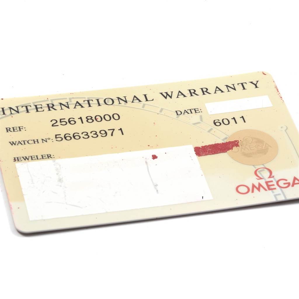 The image shows an International Warranty card for the Omega Seamaster 2561.80.00 Men
s Stainless Steel Blue Dial 2561.80.00 Men
s Stainless Steel Blue Dial model, displaying reference and watch numbers.