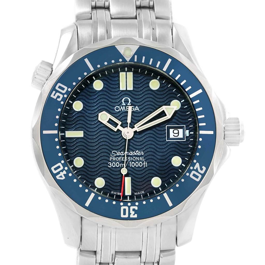 The Omega Seamaster 2561.80.00 Men
s Stainless Steel Blue Dial 2561.80.00 Men
s Stainless Steel Blue Dial watch is shown from a front angle, displaying the dial, bezel, crown, and part of the bracelet.