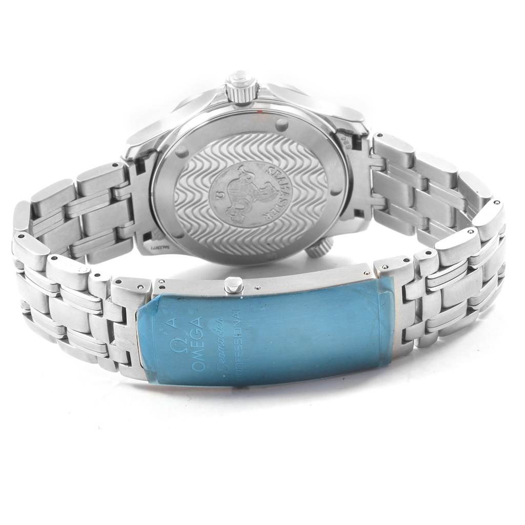 The image shows the back case and bracelet clasp of an Omega Seamaster 2561.80.00 Men
s Stainless Steel Blue Dial 2561.80.00 Men
s Stainless Steel Blue Dial watch, viewed from a rear angle.