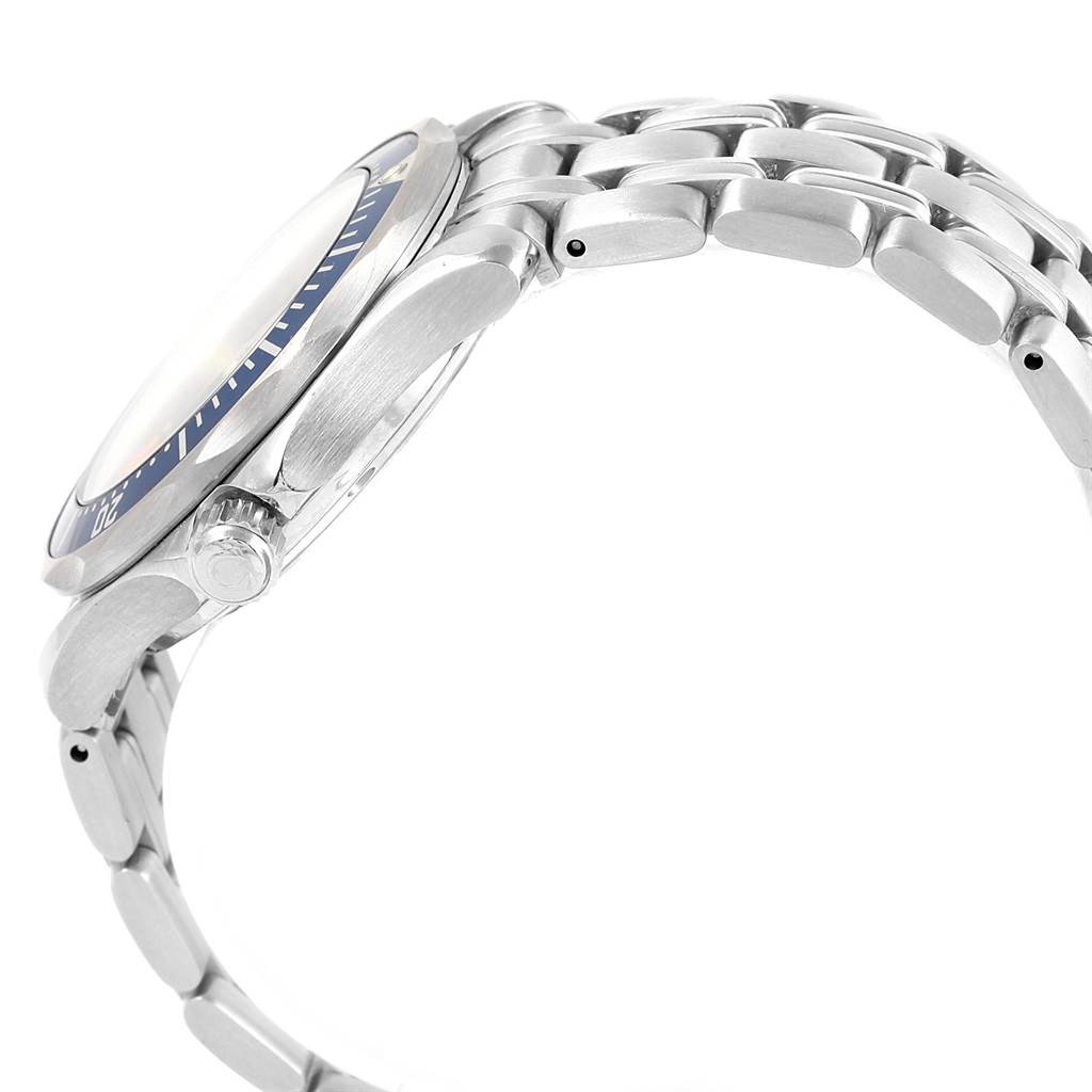 The image shows a side view of an Omega Seamaster 2561.80.00 Men
s Stainless Steel Blue Dial 2561.80.00 Men
s Stainless Steel Blue Dial watch, highlighting the bracelet, crown, and part of the watch case.