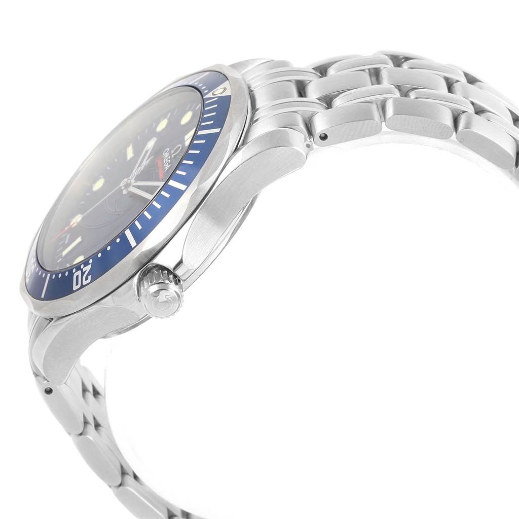 The image shows a side view of an Omega Seamaster 2226.80.00 Men's Stainless Steel Blue Dial 2226.80.00 Men's Stainless Steel Blue Dial watch, highlighting the bezel, crown, and bracelet links.