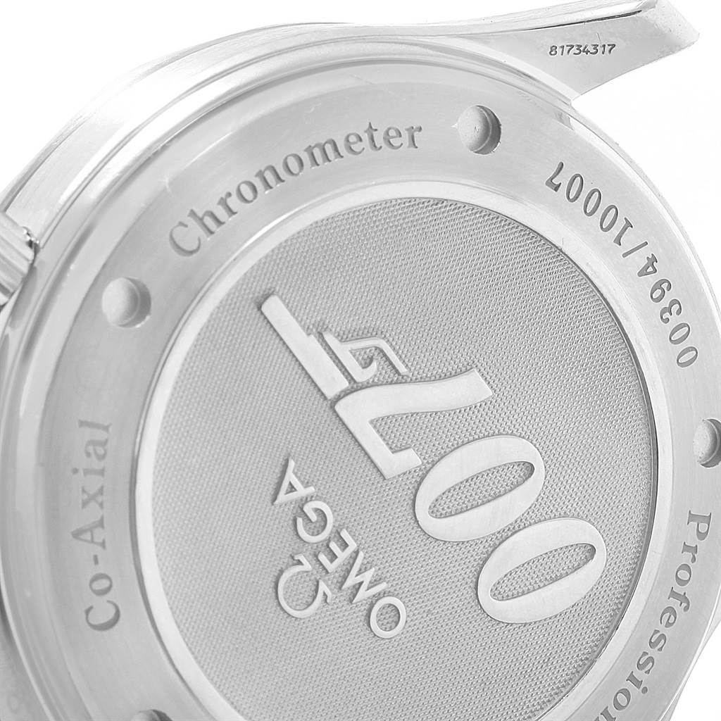 The image shows the back case of the Omega Seamaster 2226.80.00 Men's Stainless Steel Blue Dial 2226.80.00 Men's Stainless Steel Blue Dial watch from a slightly angled close-up view.