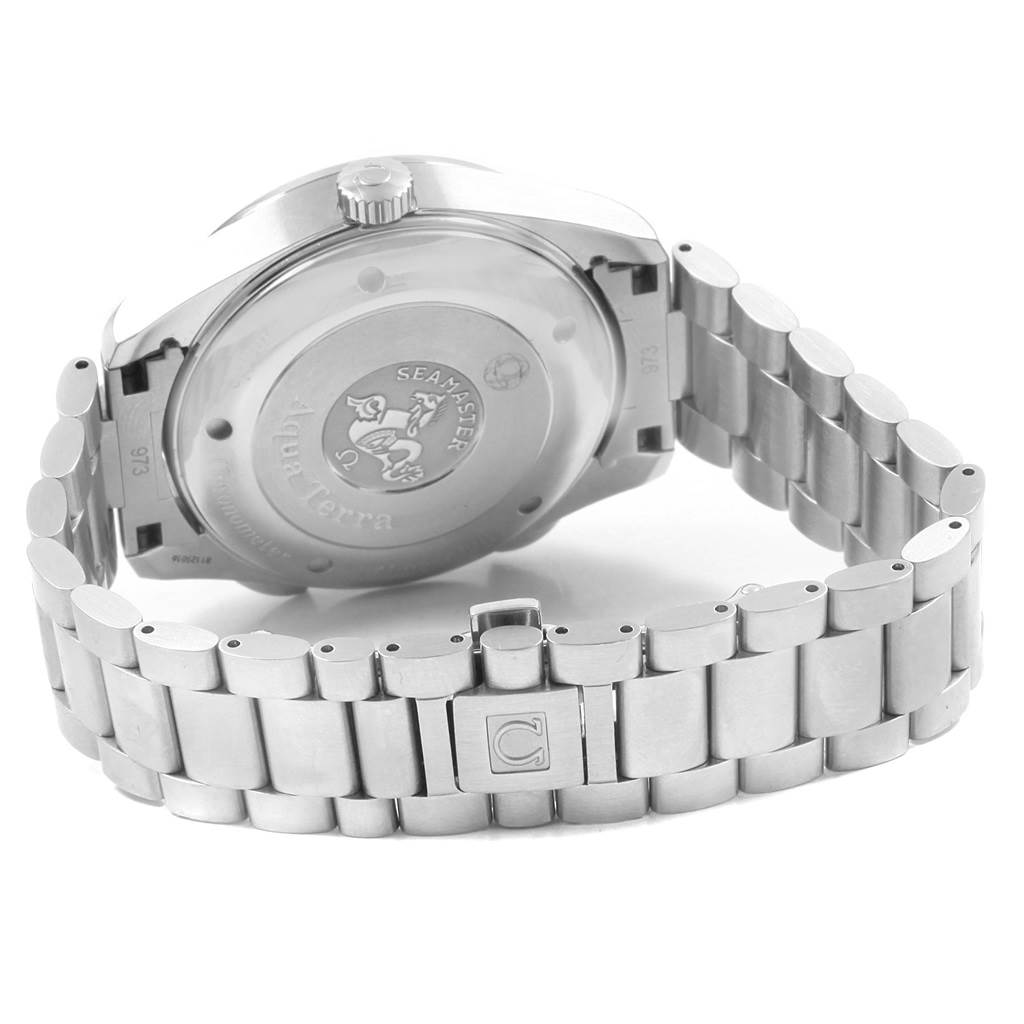 The image shows the back case and bracelet of an Omega Seamaster 2513.30.00 Men
s Stainless Steel Silver Dial 2513.30.00 Men
s Stainless Steel Silver Dial watch, highlighting the case back engraving.