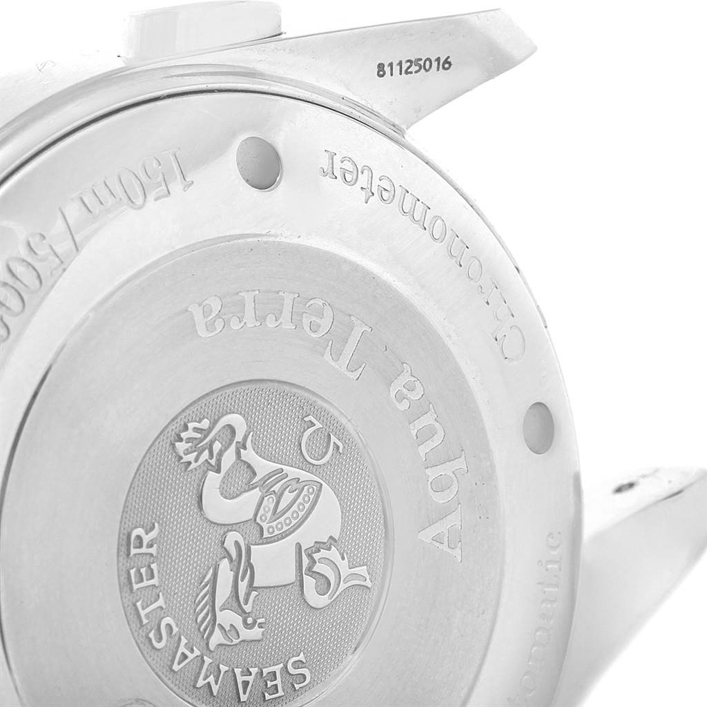 The image shows a close-up of the case back of an Omega Seamaster 2513.30.00 Men
s Stainless Steel Silver Dial 2513.30.00 Men
s Stainless Steel Silver Dial Aqua Terra watch with the logo and engravings visible.