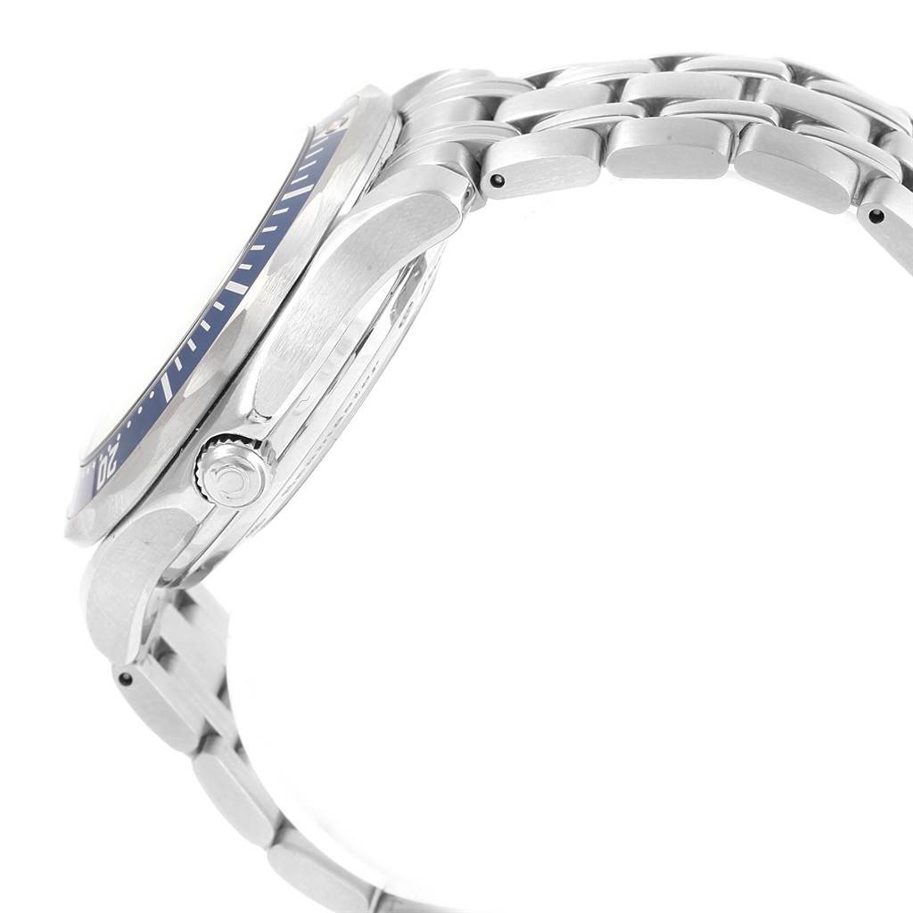 The image shows a side view of an Omega Seamaster 2535.80.00 Men
s Stainless Steel Blue Dial 2535.80.00 Men
s Stainless Steel Blue Dial watch, highlighting the bezel, crown, and part of the bracelet.