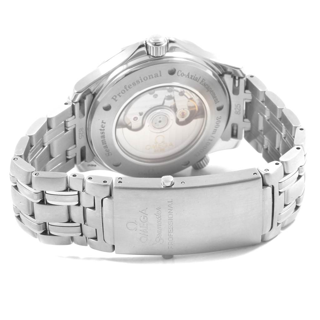 The image shows the back view of an Omega Seamaster 2535.80.00 Men
s Stainless Steel Blue Dial 2535.80.00 Men
s Stainless Steel Blue Dial watch, highlighting its bracelet and visible mechanical movement.