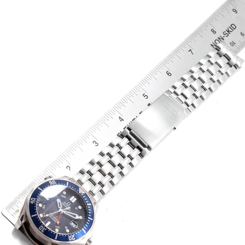 The Omega Seamaster 2535.80.00 Men
s Stainless Steel Blue Dial 2535.80.00 Men
s Stainless Steel Blue Dial watch is shown from a top view, displaying the bezel, dial, and stainless steel bracelet.