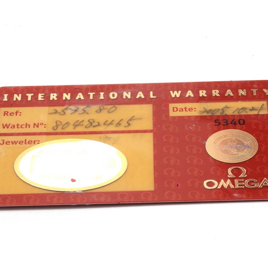 This image shows the international warranty card for the Omega Seamaster 2535.80.00 Men
s Stainless Steel Blue Dial 2535.80.00 Men
s Stainless Steel Blue Dial model, including details like the reference number and watch number.