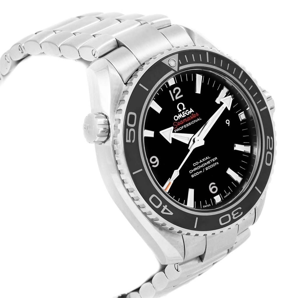 The image shows an angled side view of the Omega Seamaster 232.30.46.21.01.001 Men
s Stainless Steel Black Dial 232.30.46.21.01.001 Men
s Stainless Steel Black Dial watch, highlighting its stainless steel band, bezel, and dial.