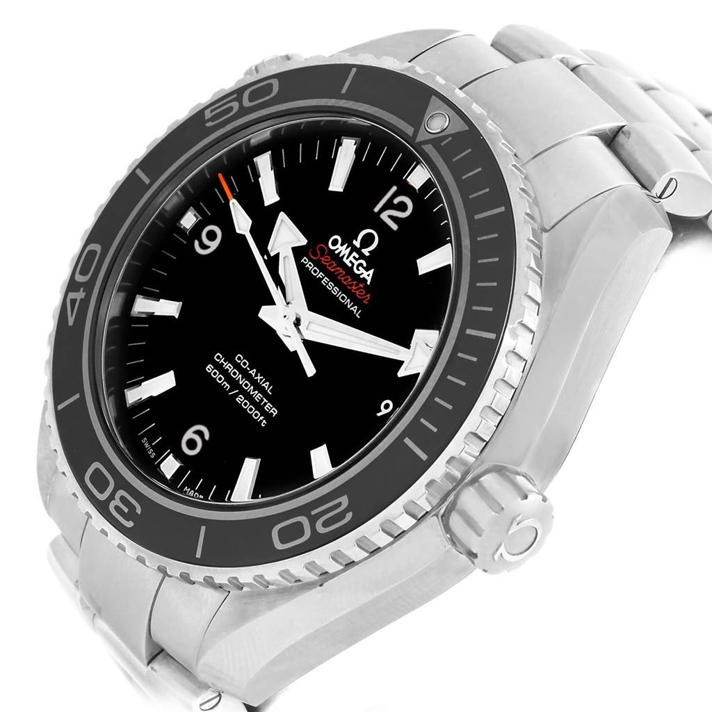 The image shows an angled view of the Omega Seamaster 232.30.46.21.01.001 Men
s Stainless Steel Black Dial 232.30.46.21.01.001 Men
s Stainless Steel Black Dial watch, highlighting the dial, bezel, and part of the bracelet.