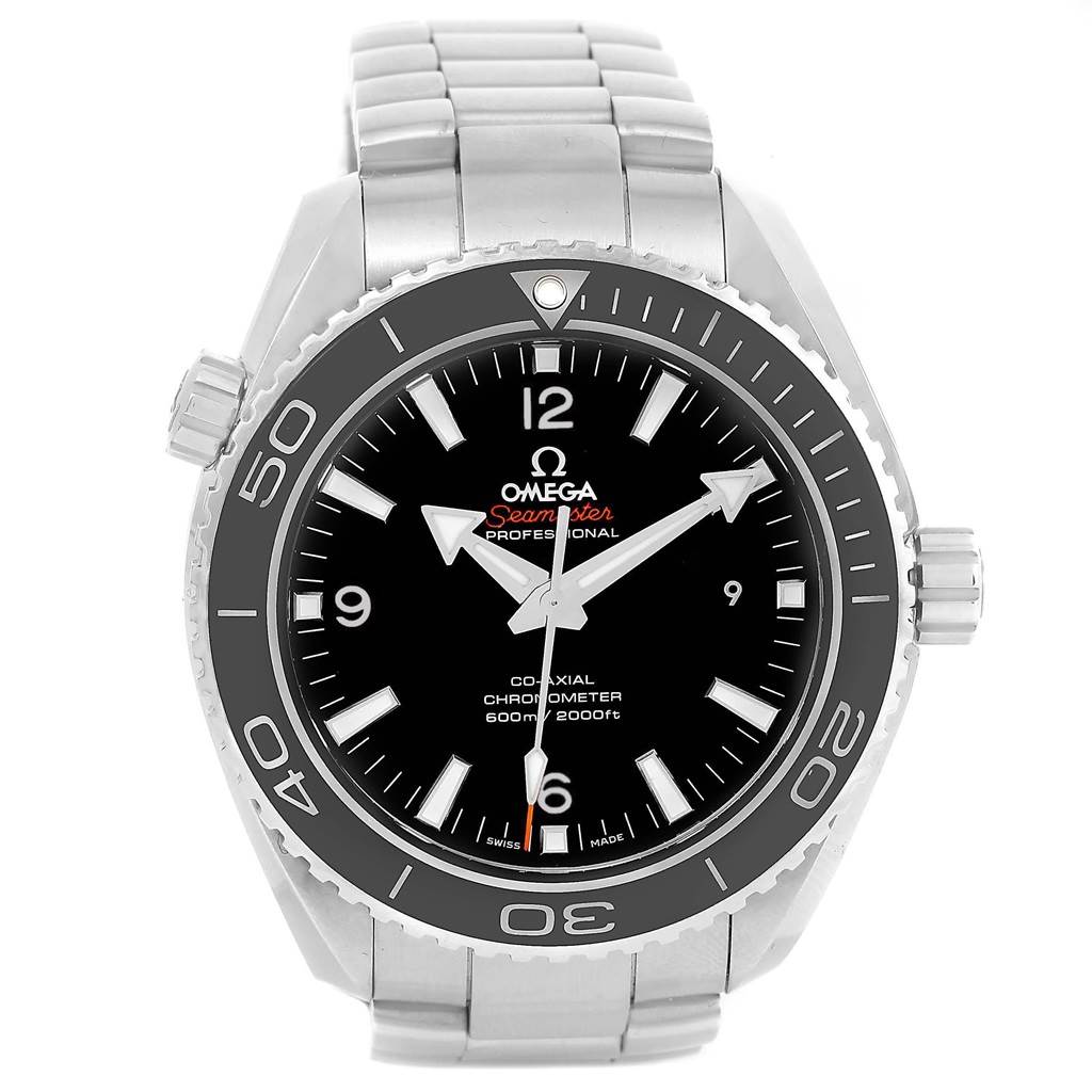 The Omega Seamaster 232.30.46.21.01.001 Men
s Stainless Steel Black Dial 232.30.46.21.01.001 Men
s Stainless Steel Black Dial watch is shown from the front, featuring its dial, bezel, and part of its stainless steel bracelet.
