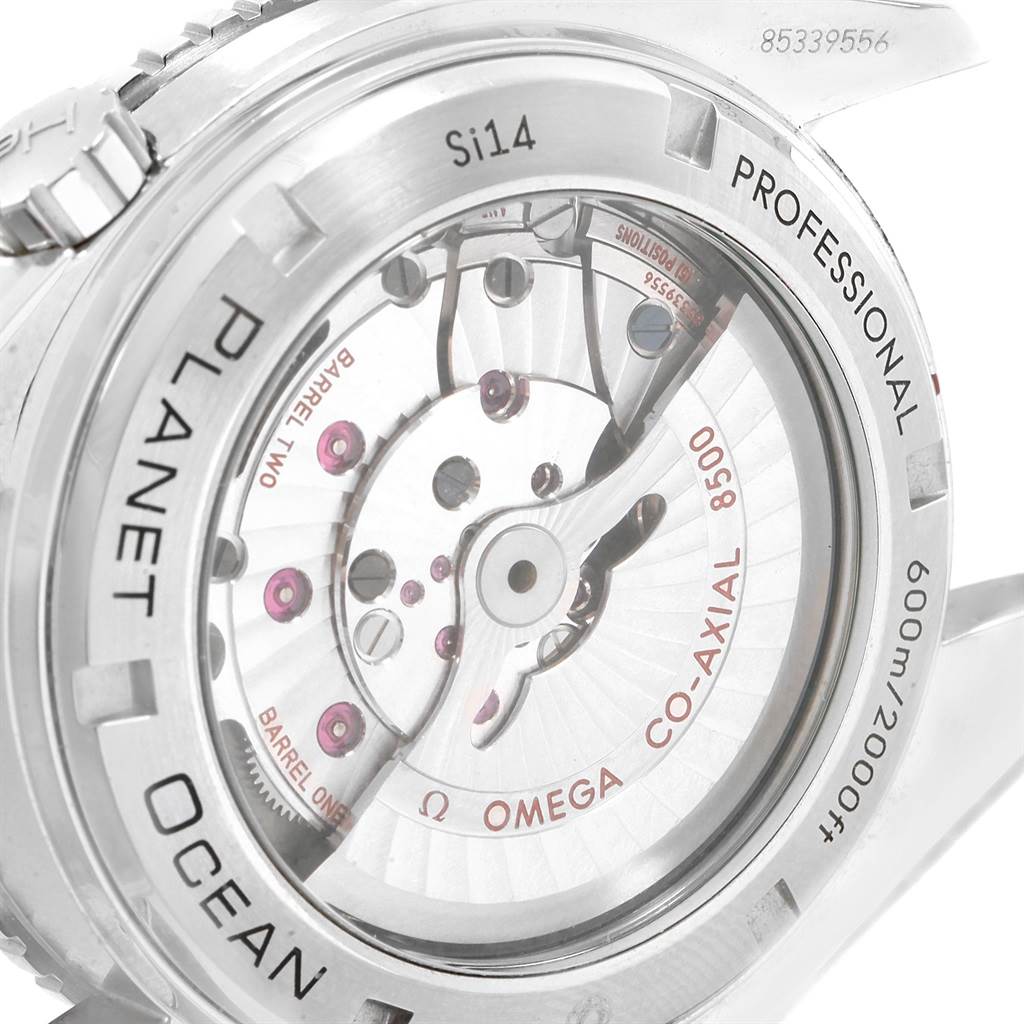 The image shows the back of an Omega Seamaster 232.30.46.21.01.001 Men
s Stainless Steel Black Dial 232.30.46.21.01.001 Men
s Stainless Steel Black Dial Planet Ocean watch, displaying its Co-Axial 8500 movement and internal parts.