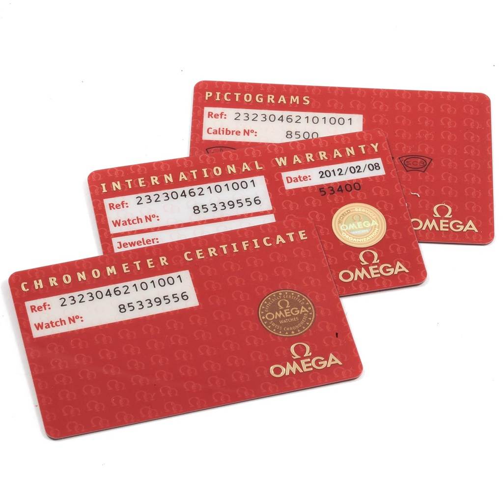 The image shows the Pictograms card, International Warranty card, and Chronometer Certificate card for an Omega Seamaster 232.30.46.21.01.001 Men
s Stainless Steel Black Dial 232.30.46.21.01.001 Men
s Stainless Steel Black Dial watch.