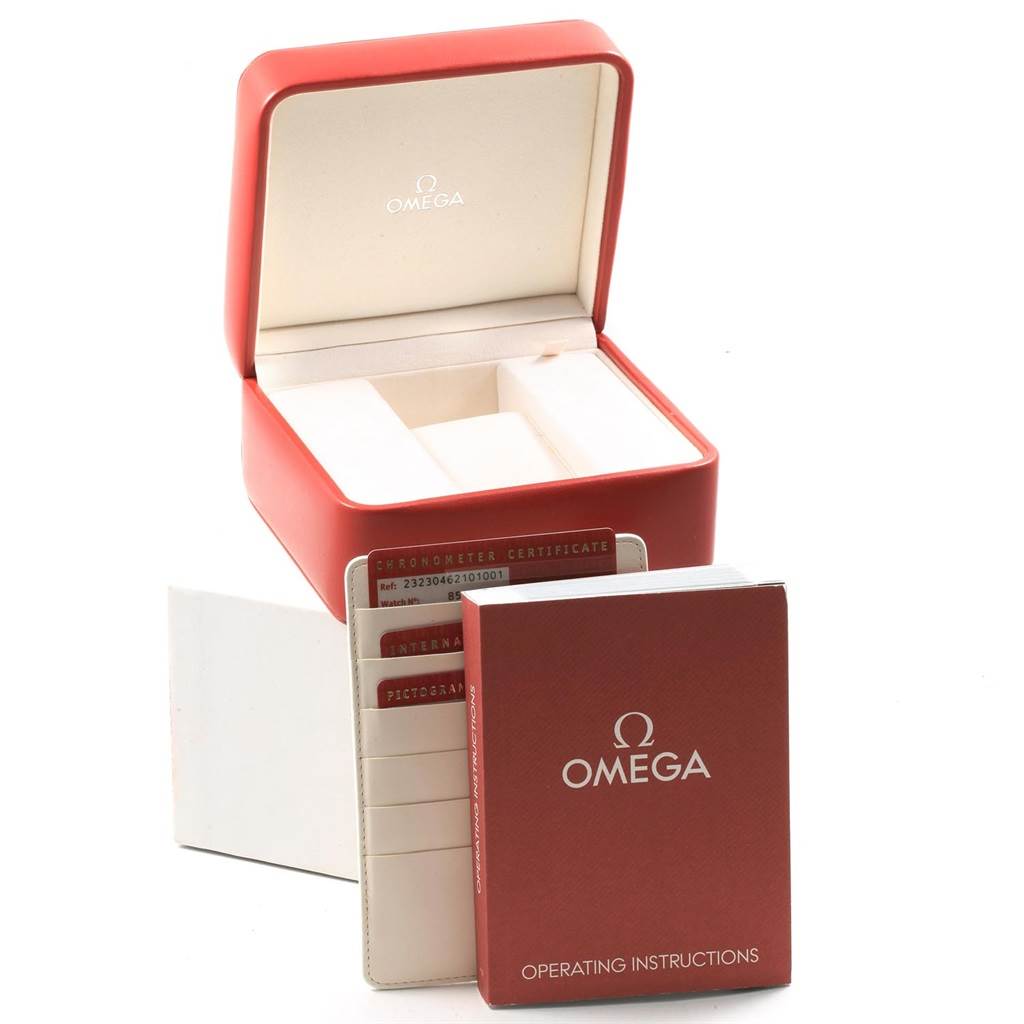 The image shows the packaging, operating instructions, and certificate cards for an Omega Seamaster 232.30.46.21.01.001 Men
s Stainless Steel Black Dial 232.30.46.21.01.001 Men
s Stainless Steel Black Dial watch.