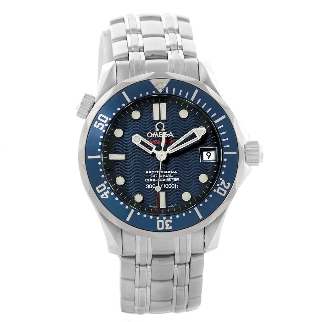 The image shows a front view of the Omega Seamaster 2222.80.00 Men
s Stainless Steel Blue Dial 2222.80.00 Men
s Stainless Steel Blue Dial watch, featuring its dial, bezel, and bracelet.
