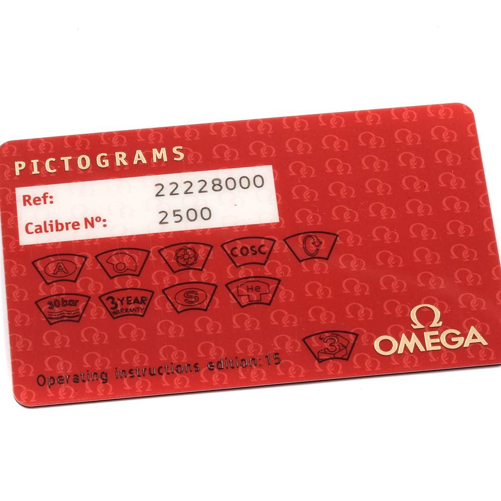 This image shows the warranty card featuring reference and calibre numbers for an Omega Seamaster 2222.80.00 Men
s Stainless Steel Blue Dial 2222.80.00 Men
s Stainless Steel Blue Dial watch.