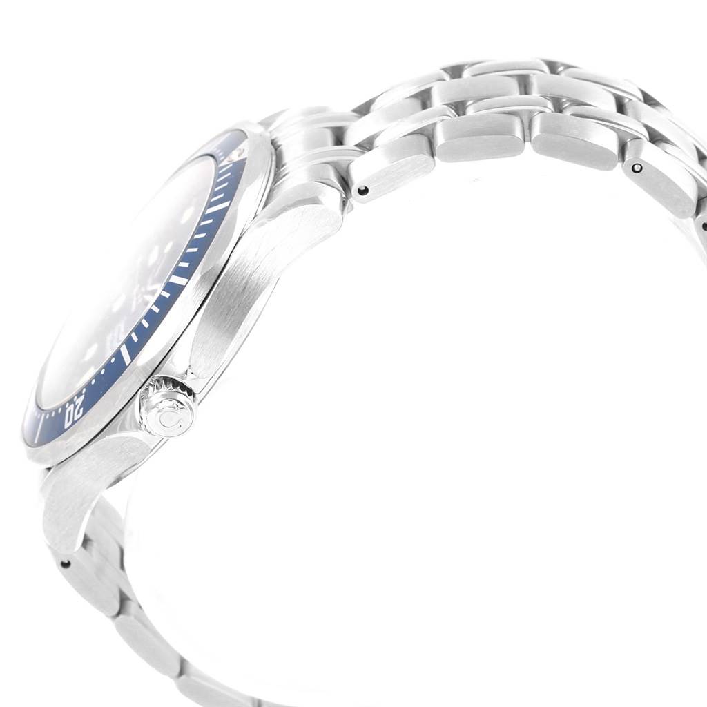 The image shows a side angle of the Omega Seamaster 2541.80.00 Men
s Stainless Steel Blue Dial 2541.80.00 Men
s Stainless Steel Blue Dial watch, highlighting the crown, bezel, and stainless steel bracelet.