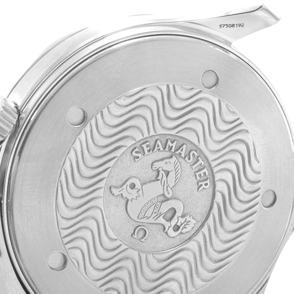 The image shows the engraved back case of an Omega Seamaster 2541.80.00 Men
s Stainless Steel Blue Dial 2541.80.00 Men
s Stainless Steel Blue Dial watch, viewed from the rear side.