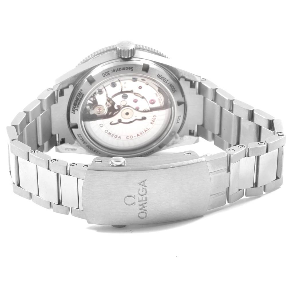 The image shows the back view of the Omega Seamaster 233.90.41.21.03.001 Men
s Titanium Blue Dial 233.90.41.21.03.001 Men
s Titanium Blue Dial watch, highlighting its open case back and metal bracelet.