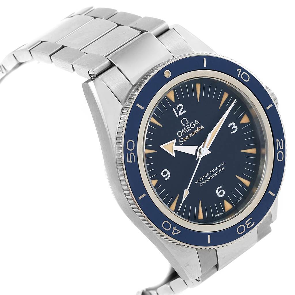 The Omega Seamaster 233.90.41.21.03.001 Men
s Titanium Blue Dial 233.90.41.21.03.001 Men
s Titanium Blue Dial watch is shown at a slight angle, displaying its face, bezel, and part of its metal bracelet.
