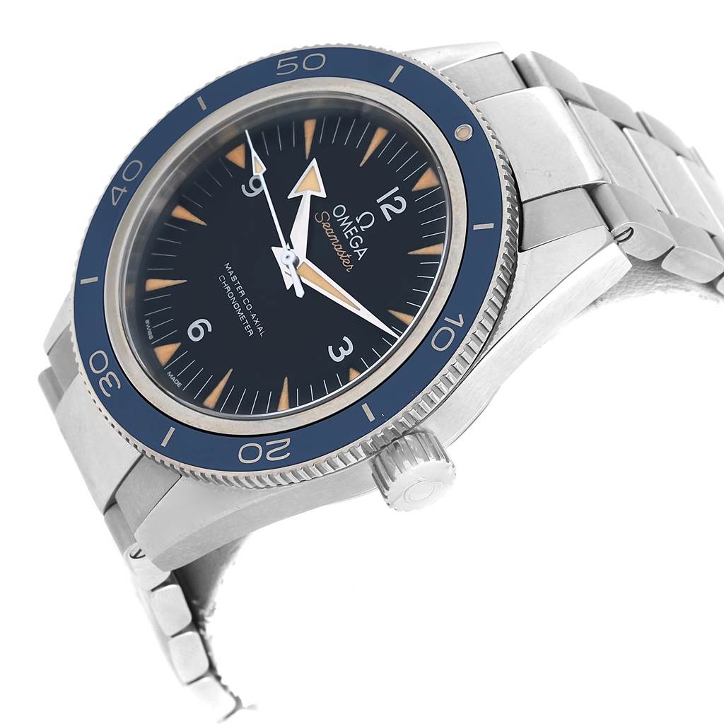 The image shows an angled view of an Omega Seamaster 233.90.41.21.03.001 Men
s Titanium Blue Dial 233.90.41.21.03.001 Men
s Titanium Blue Dial, highlighting its bezel, dial, crown, and bracelet.