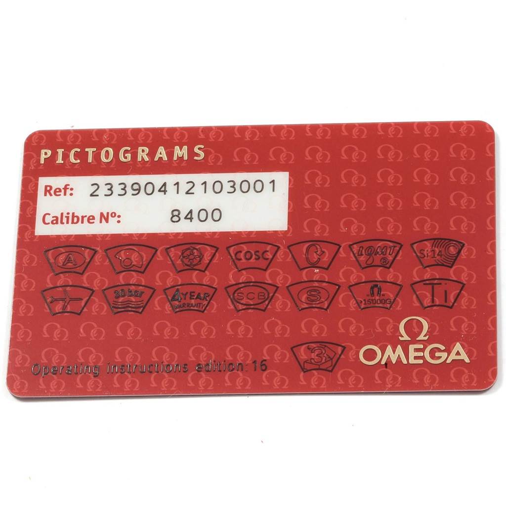 This image shows the pictogram card for the Omega Seamaster 233.90.41.21.03.001 Men
s Titanium Blue Dial 233.90.41.21.03.001 Men
s Titanium Blue Dial, displaying reference and calibre numbers along with various pictogram symbols.