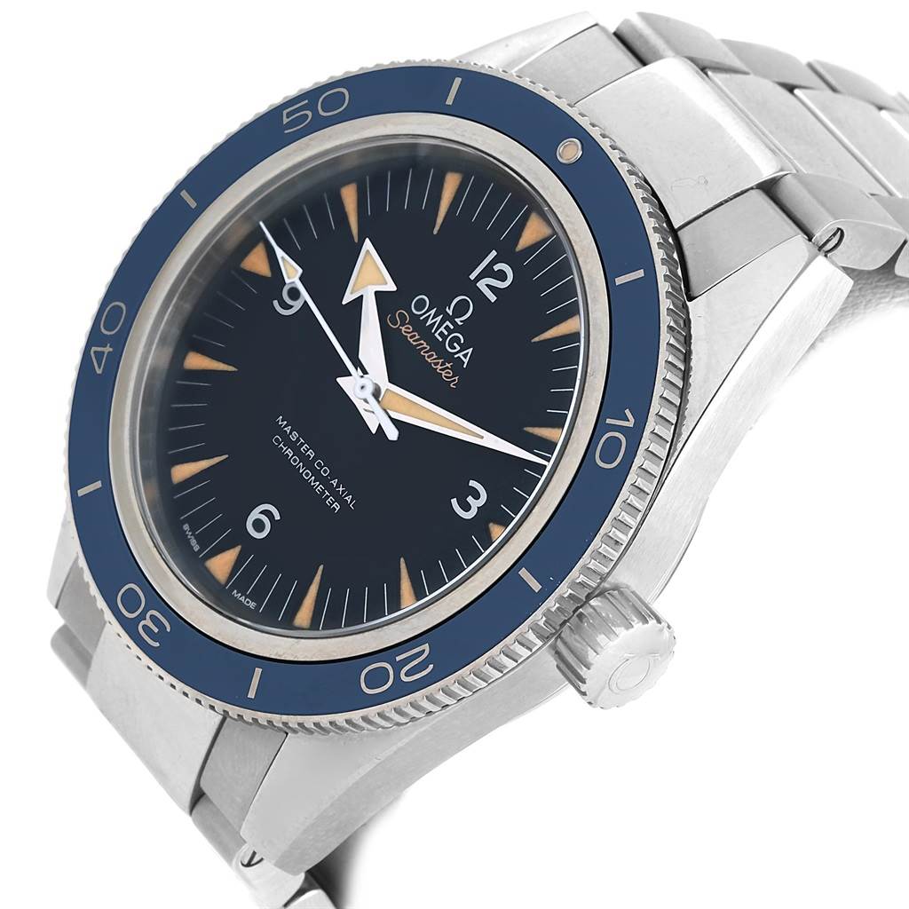 The image shows an Omega Seamaster 233.90.41.21.03.001 Men
s Titanium Blue Dial 233.90.41.21.03.001 Men
s Titanium Blue Dial watch from a side angle, highlighting the crown, bezel, and part of the bracelet.