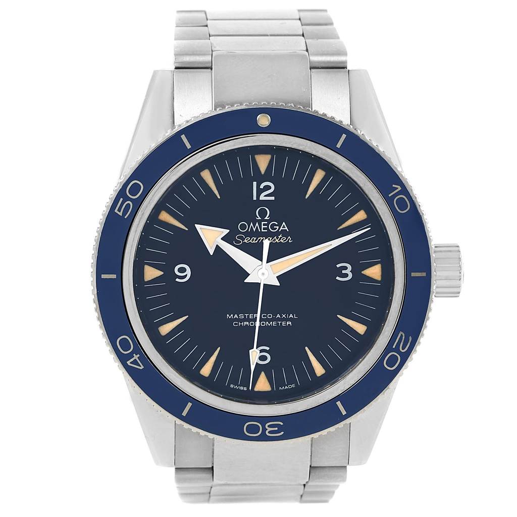 The image shows a front view of an Omega Seamaster 233.90.41.21.03.001 Men
s Titanium Blue Dial 233.90.41.21.03.001 Men
s Titanium Blue Dial watch, highlighting the dial, bezel, crown, and metal bracelet.