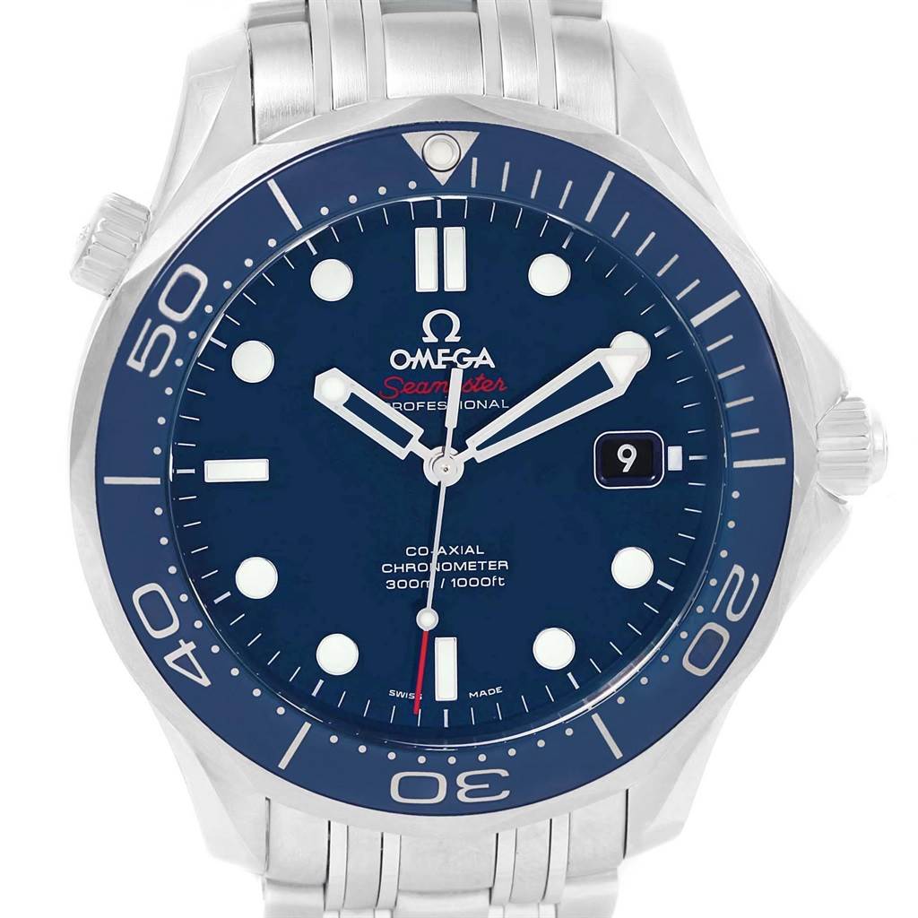 The image shows a frontal view of an Omega Seamaster 212.30.41.20.03.001 Men
s Stainless Steel Blue Dial 212.30.41.20.03.001 Men
s Stainless Steel Blue Dial watch, highlighting the dial, bezel, date display, and part of the bracelet.
