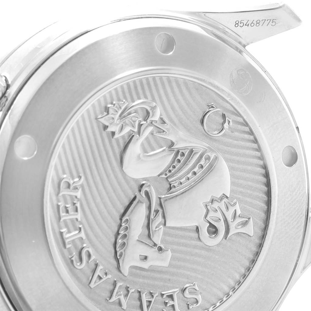 The image shows the case back of the Omega Seamaster 212.30.41.20.03.001 Men
s Stainless Steel Blue Dial 212.30.41.20.03.001 Men
s Stainless Steel Blue Dial watch, highlighting the intricate engraving and serial number.