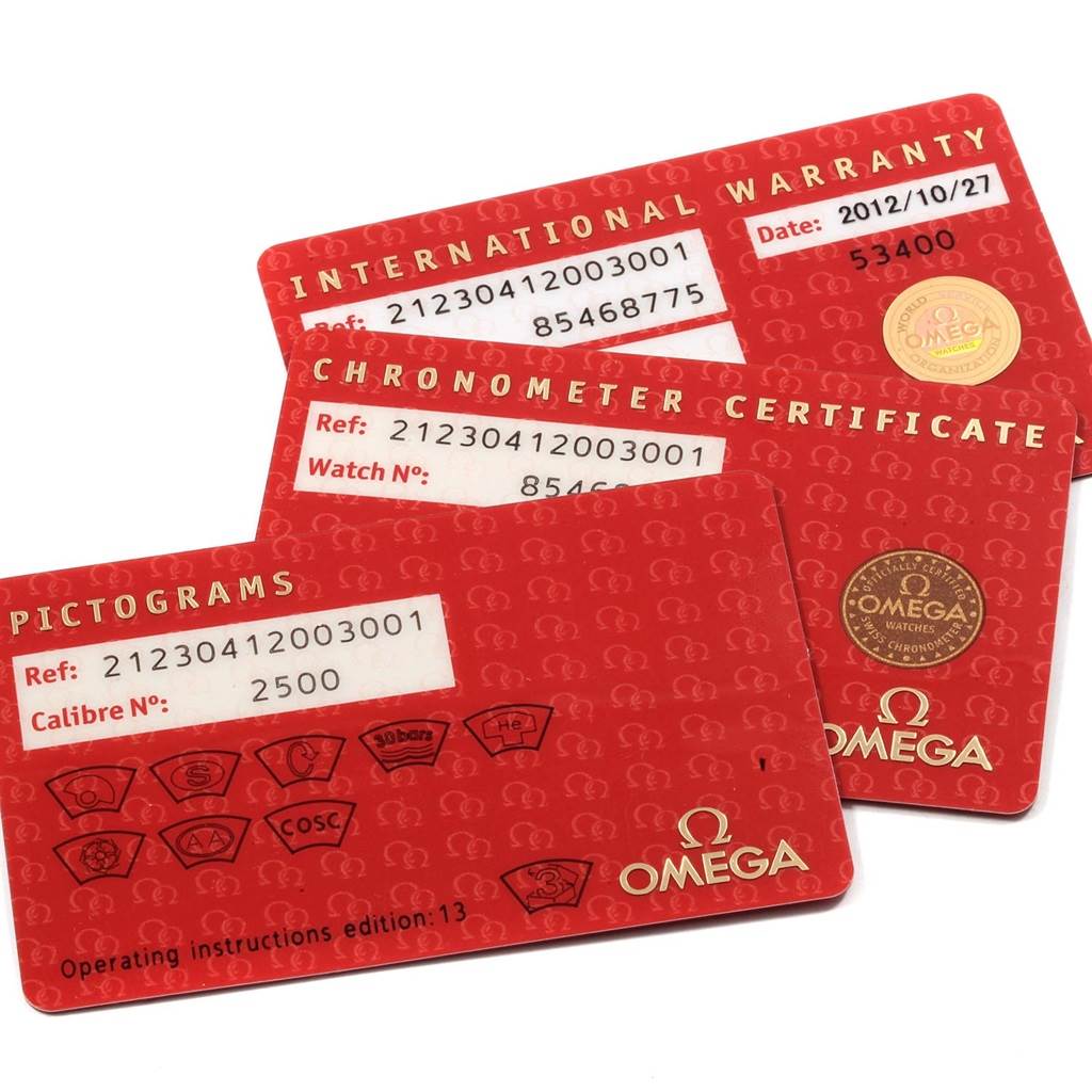 The image shows three Omega Seamaster 212.30.41.20.03.001 Men
s Stainless Steel Blue Dial 212.30.41.20.03.001 Men
s Stainless Steel Blue Dial model cards: International Warranty, Chronometer Certificate, and Pictograms.