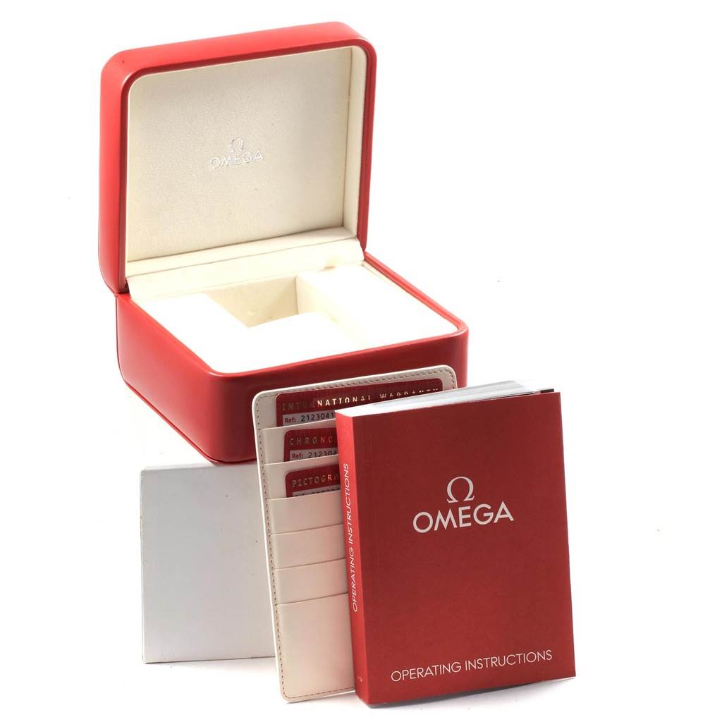 The image shows the red Omega watch box, warranty cards, and operating instructions for the Omega Seamaster 212.30.41.20.03.001 Men
s Stainless Steel Blue Dial 212.30.41.20.03.001 Men
s Stainless Steel Blue Dial model.