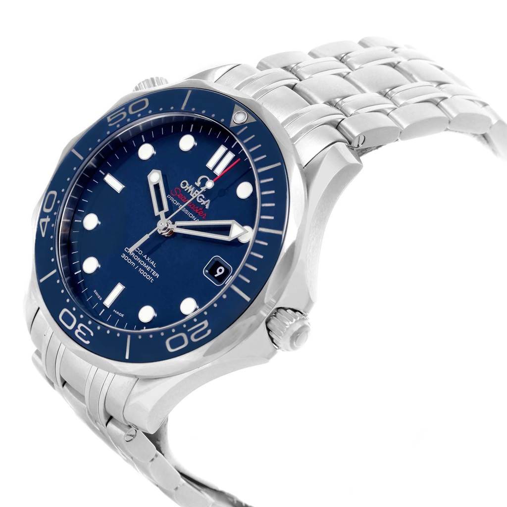 The image shows an Omega Seamaster 212.30.41.20.03.001 Men
s Stainless Steel Blue Dial 212.30.41.20.03.001 Men
s Stainless Steel Blue Dial watch at an angled view, highlighting its blue dial, bezel, and metal bracelet.