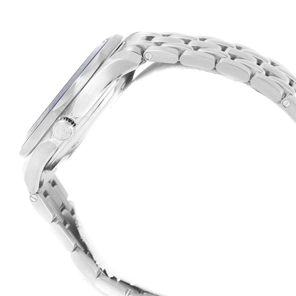 This image shows a side view of the Omega Seamaster 212.30.41.20.03.001 Men
s Stainless Steel Blue Dial 212.30.41.20.03.001 Men
s Stainless Steel Blue Dial watch, highlighting its crown and metal bracelet.