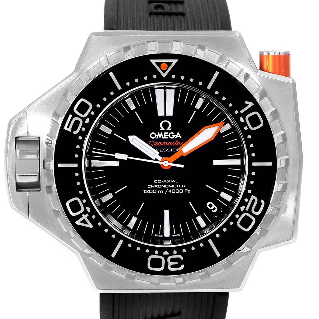 The image shows a front view of the Omega Seamaster Ploprof watch, detailing its dial, bezel, and strap.