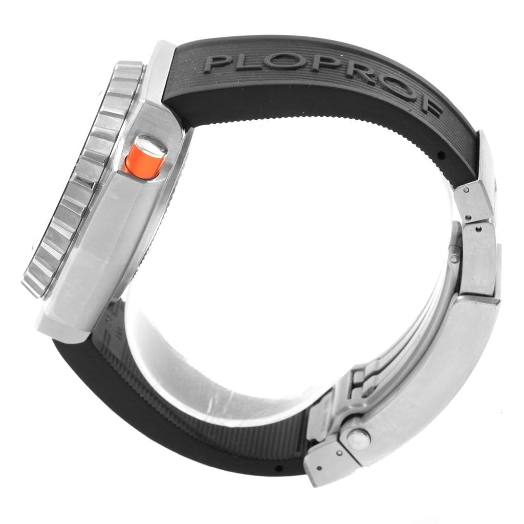 The image shows a side view of the Omega Ploprof 224.32.55.21.01.001 Men's Stainless Steel Black Dial 224.32.55.21.01.001 Men's Stainless Steel Black Dial watch, highlighting its bezel, orange button, and rubber strap.