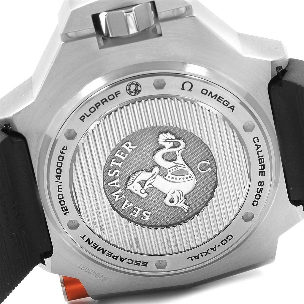 The image shows the back case of an Omega Ploprof 224.32.55.21.01.001 Men's Stainless Steel Black Dial 224.32.55.21.01.001 Men's Stainless Steel Black Dial watch, displaying engravings and the Seamaster logo.