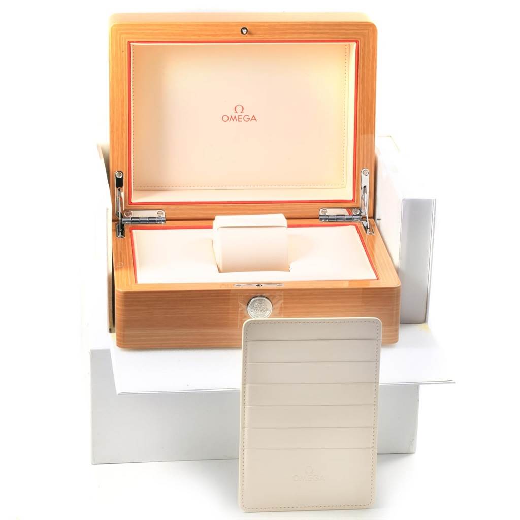 The image shows the Omega Ploprof 224.32.55.21.01.001 Men's Stainless Steel Black Dial 224.32.55.21.01.001 Men's Stainless Steel Black Dial watch box and a cardholder, both from a frontal angle.