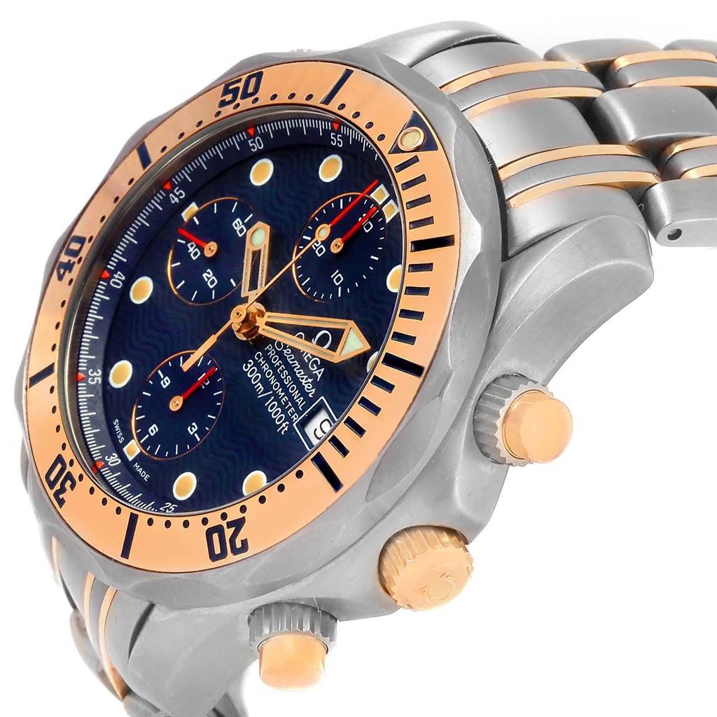 The Omega Seamaster 2296.80.00 Men
s Titanium Blue Dial 2296.80.00 Men
s Titanium Blue Dial watch is shown from an angled perspective highlighting its face, bezel, crown, and pushers.