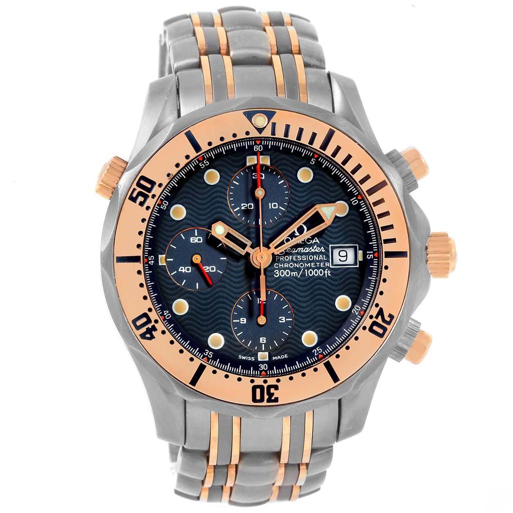 The Omega Seamaster 2296.80.00 Men
s Titanium Blue Dial 2296.80.00 Men
s Titanium Blue Dial watch is shown from the front, displaying its dial, bezel, and bracelet.