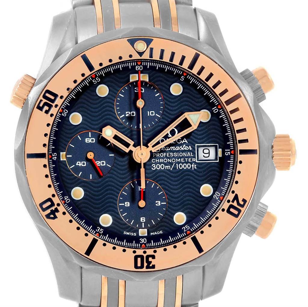 The Omega Seamaster 2296.80.00 Men
s Titanium Blue Dial 2296.80.00 Men
s Titanium Blue Dial watch is shown from a front angle, displaying the dial, hands, bezel, and partial bracelet.