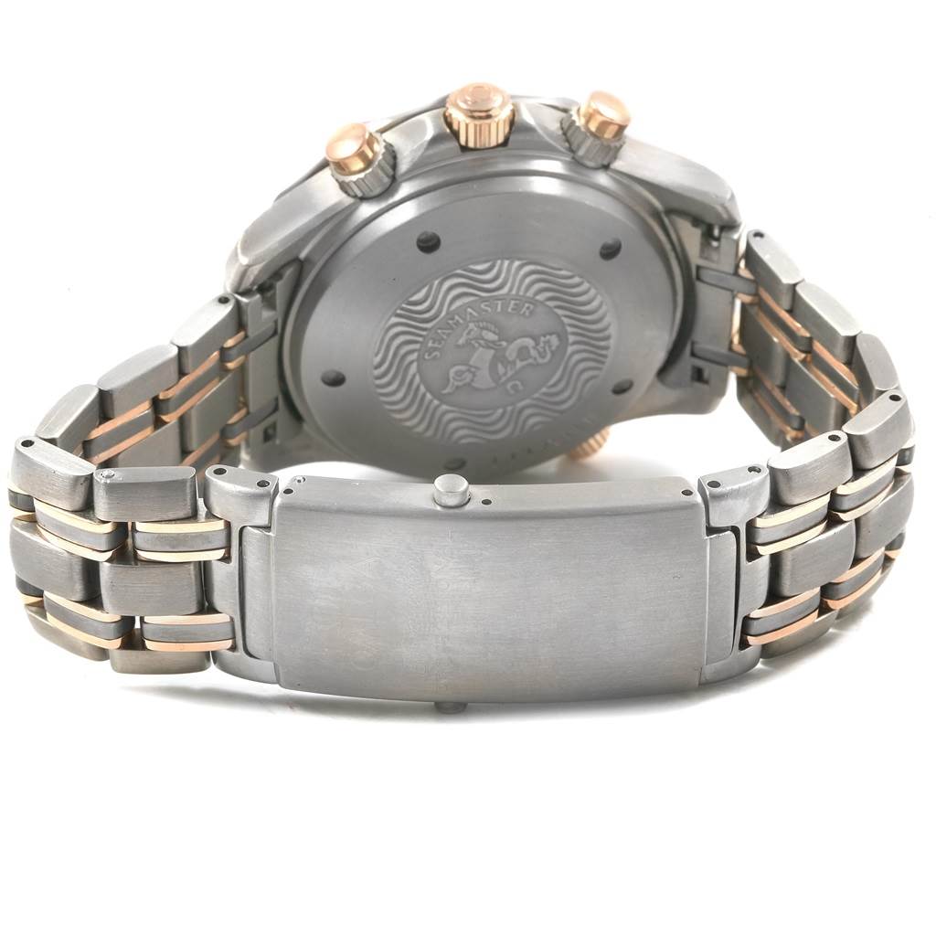 This image shows the back case and clasp of an Omega Seamaster 2296.80.00 Men
s Titanium Blue Dial 2296.80.00 Men
s Titanium Blue Dial watch with visible crown and bracelet.