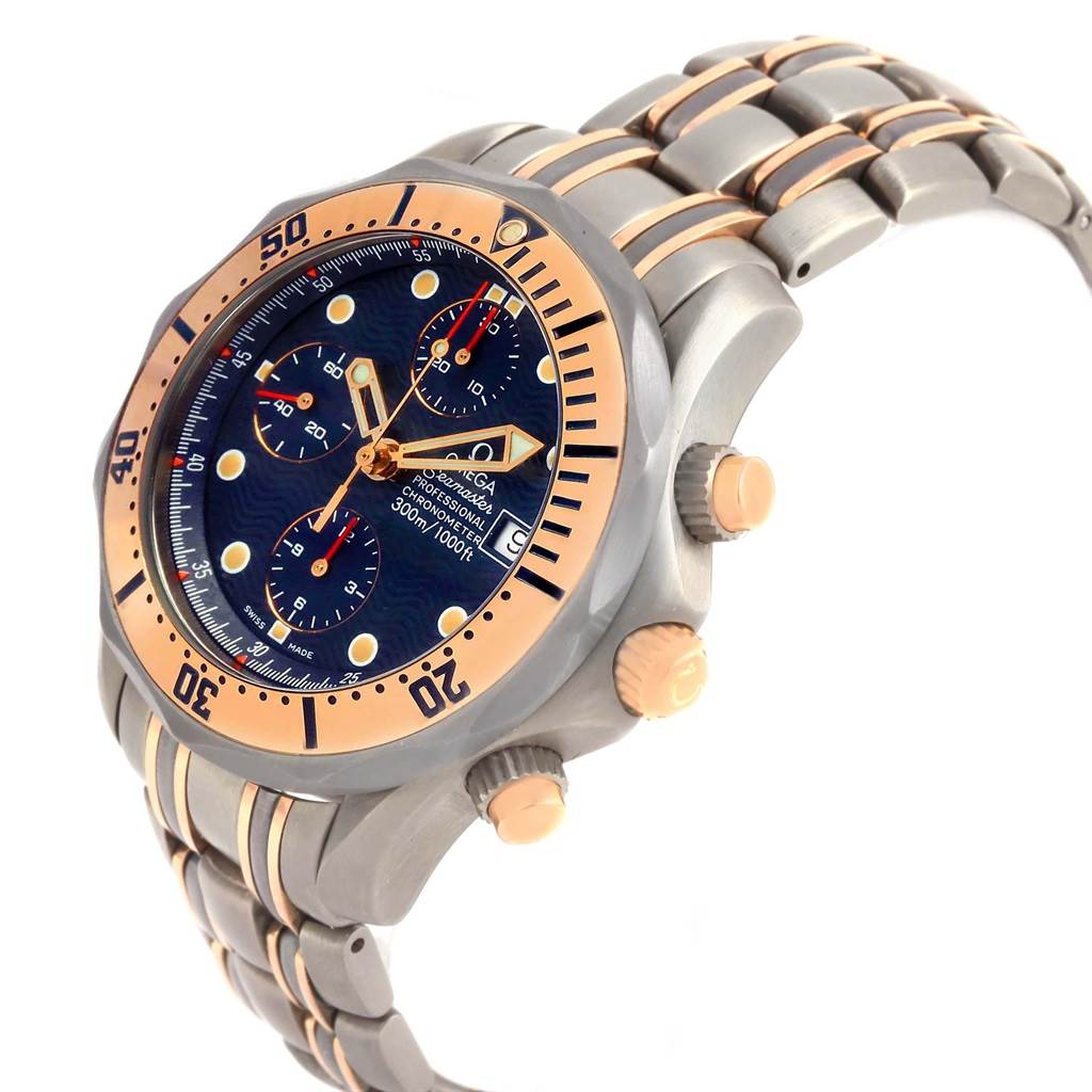 The image shows an angled view of the Omega Seamaster 2296.80.00 Men
s Titanium Blue Dial 2296.80.00 Men
s Titanium Blue Dial watch, highlighting its face, bezel, crown, and part of the bracelet.