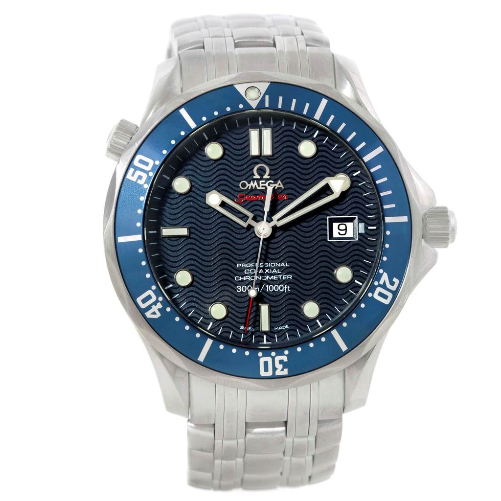 This Omega Seamaster 2220.80.00 Men
s Stainless Steel Blue Dial 2220.80.00 Men
s Stainless Steel Blue Dial watch is shown from the front, displaying its face, bezel, and metal bracelet.