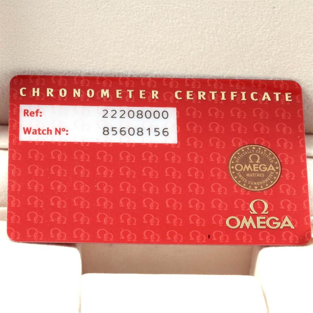 The image shows a close-up of the Chronometer Certificate card for the Omega Seamaster 2220.80.00 Men
s Stainless Steel Blue Dial 2220.80.00 Men
s Stainless Steel Blue Dial watch.