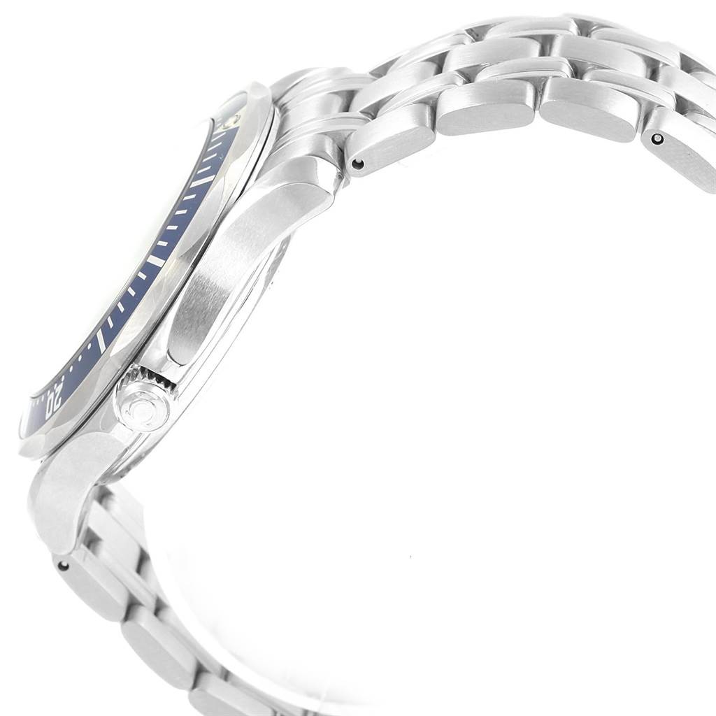 This image shows a close-up, side view of an Omega Seamaster 2220.80.00 Men
s Stainless Steel Blue Dial 2220.80.00 Men
s Stainless Steel Blue Dial watch focusing on the bezel, case, and part of the bracelet.